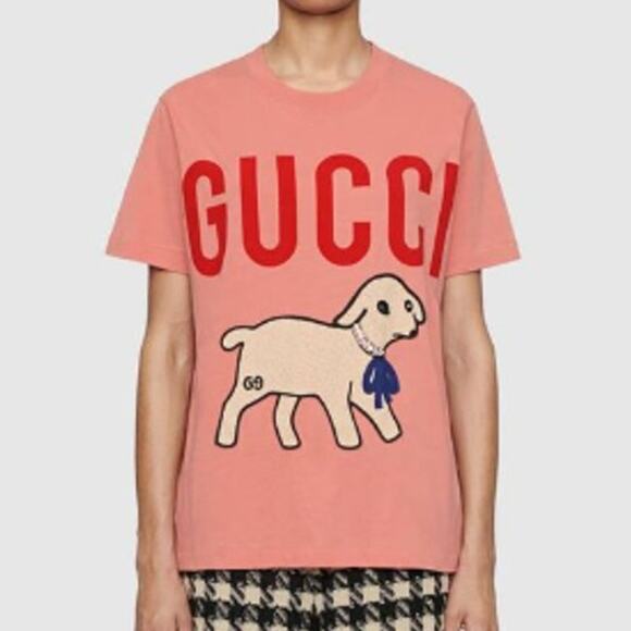 Gucci Logo Lamb Print Short Sleeve Round Neck Graphic T-Shirt Peach Women's S - Picture 1 of 5